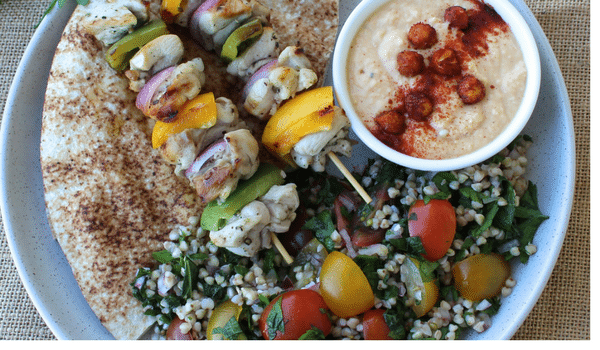 Marinated Chicken Skewer, Hummus & Buckwheat Tabbouleh