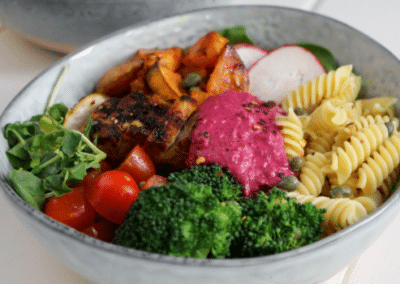 Grilled Chicken Nourish Bowl with Beetroot Hummus